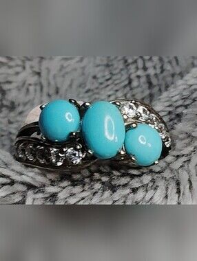 -3-STONE, SLEEPING BEAUTY TURQUOISE,& PURE WHITE TOPAZ. STERLING RING. SIZE 5)